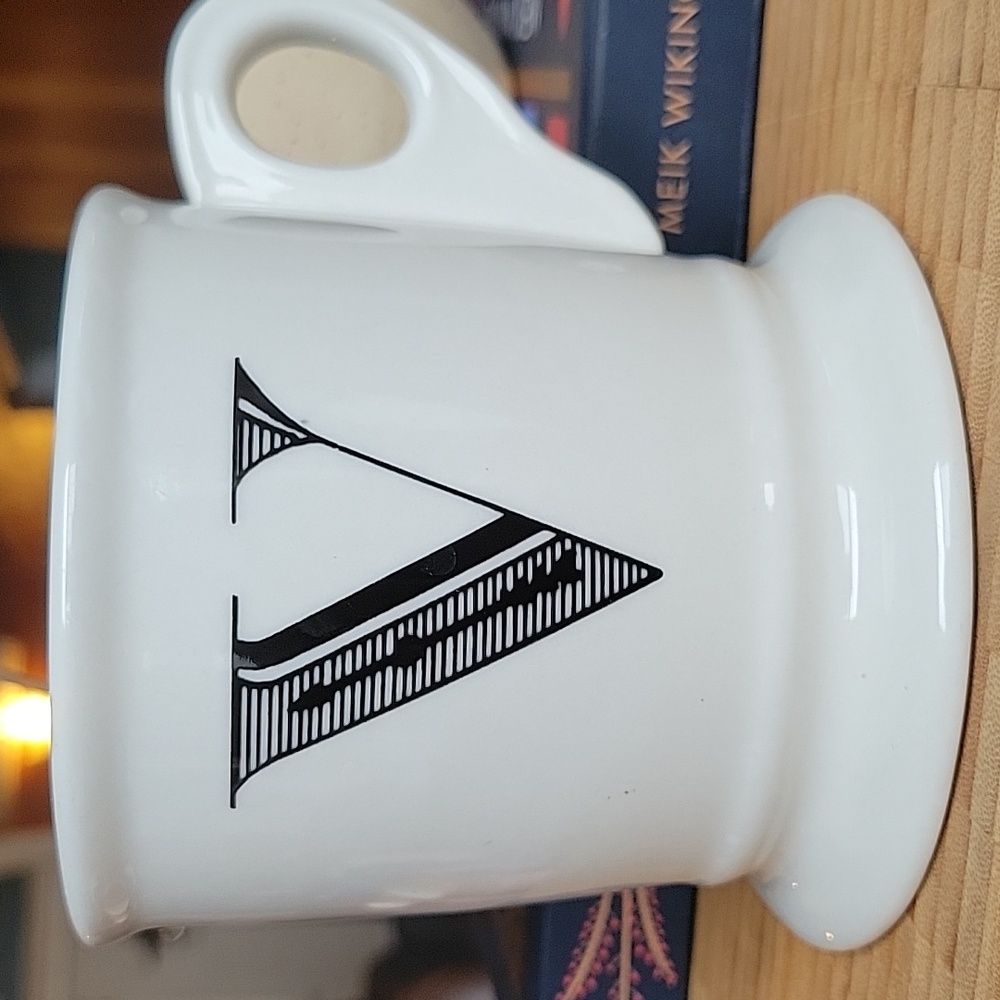 Anthropologie V monogram mug coffee tea white with black lettering
